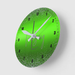 Green Brushed Metal Glitter Monogram Eenvoudig   Ronde Klok
