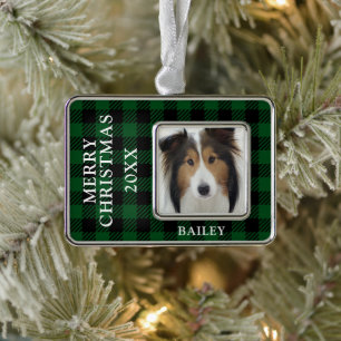Green Buffalo Check Hondenfoto gepersonaliseerd Verzilverd Kader Ornament