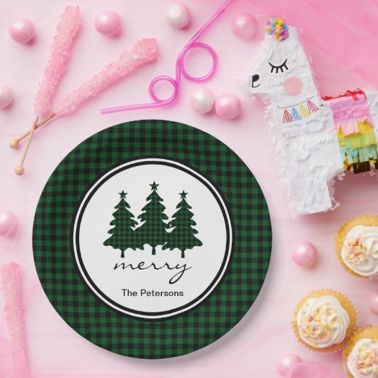 Green Buffalo Check Pine Trees gepersonaliseerd Papieren Bordje (Feest)