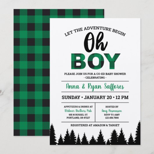 Green Buffalo Plaid Baby shower Invitation Oh Garç (Devant / Derrière)