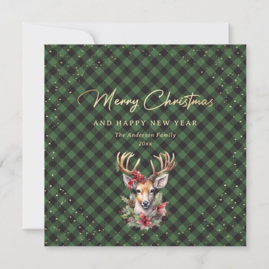Green Buffalo Plaid Gold Reindeer Snow Feestdagenkaart (Voorkant)