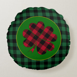 Green buffalo plaid Shamrock, Lucky Clover Charm Rond Kussen