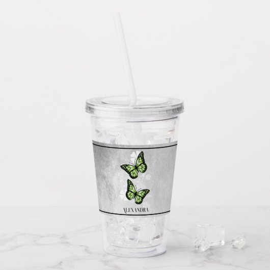 Green Butterfly Floral Personalized Acryl Drinkbeker (Voorkant ijs)