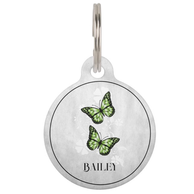 Green Butterfly Floral Round Pet Tag Huisdierpenning (Voorkant)