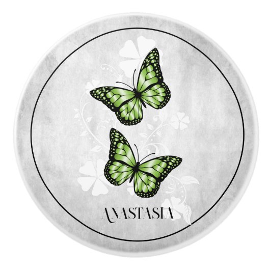 Green Butterfly Floral Specialized Ceramic Knob. Keramische Knop (Voorkant)