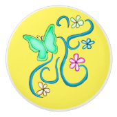 Green Butterfly met Spring Flowers Ceramic Knob Keramische Knop (Voorkant)
