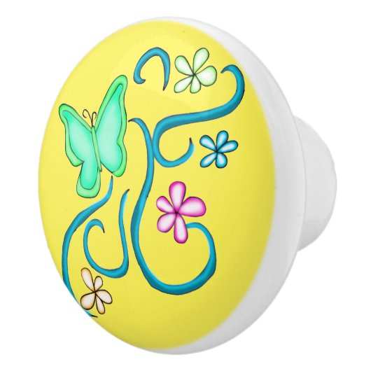 Green Butterfly met Spring Flowers Ceramic Knob Keramische Knop (Rechts)