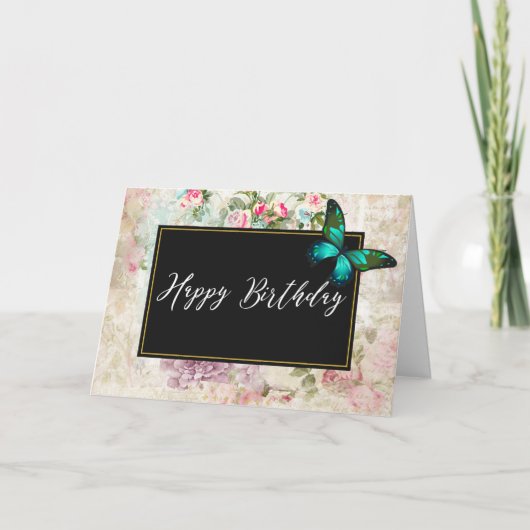 Green Butterfly op Chic Collage Birthday Kaart (Voorkant)