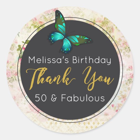 Green Butterfly op Chic Collage Dank u Ronde Sticker (Voorkant)