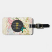 Green Butterfly op Chic Collage Monogram Bagagelabel (Voorkant horizontaal)