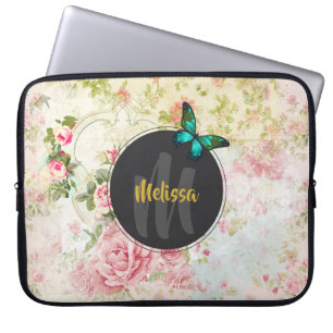 Green Butterfly op Chic Collage Monogram Laptop Sleeve