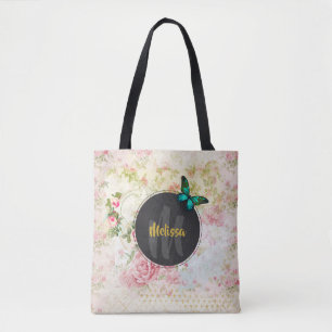 Green Butterfly op Chic  Collage Monogram Tote Bag