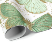 Green Butterfly White Floral Flower Blossom Cadeaupapier (Rol Hoek)