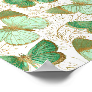Green Butterfly White Floral Flower Blossom Poster