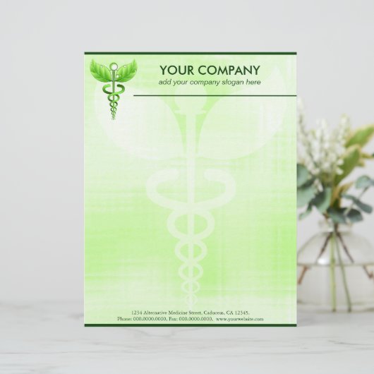 Green Caduceus Alternative Medicine Symbool Briefhoofd Ontwerp (Staand voorkant)