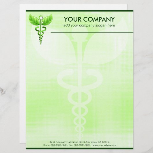 Green Caduceus Alternative Medicine Symbool Briefhoofd Ontwerp (Voorkant / Achterkant)