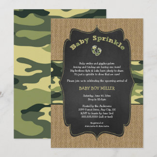 Green Camo Baby Sprinkle Invite, camouflage burlap Kaart
