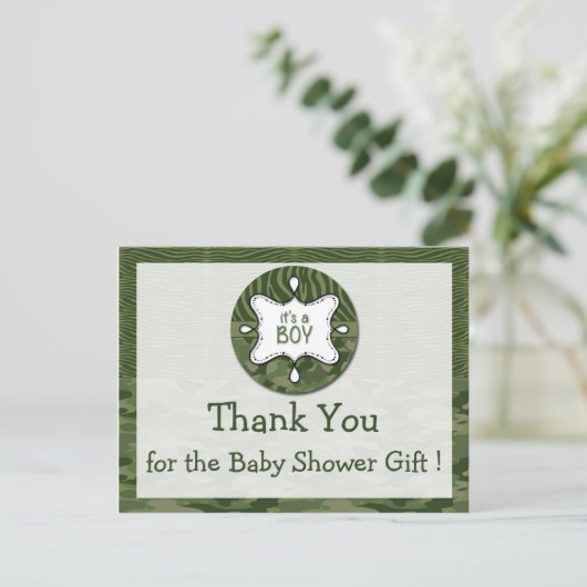 Green Camo Boy Baby shower Dank u Briefkaarten (Staand voorkant)