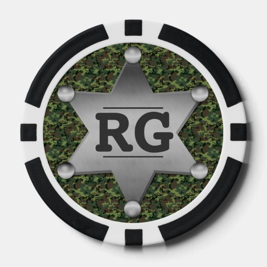 Green Camouflage Pattern Sheriff Badge Monogram Pokerchips (Voorkant)