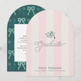 Green Cap Pink Stripes Bow Graduation Announcement Kaart