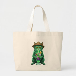 Green cat drinking ice  grote tote bag