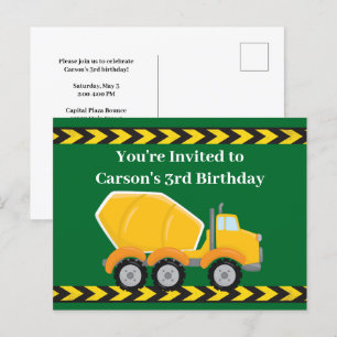 Green Cement Mixer Truck Boys Verjaardagsfeest Uitnodiging Briefkaart