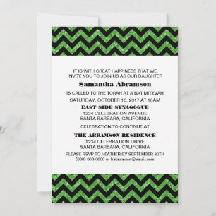 Green Chevron Glitter Bat Mitzvah Invite Kaart