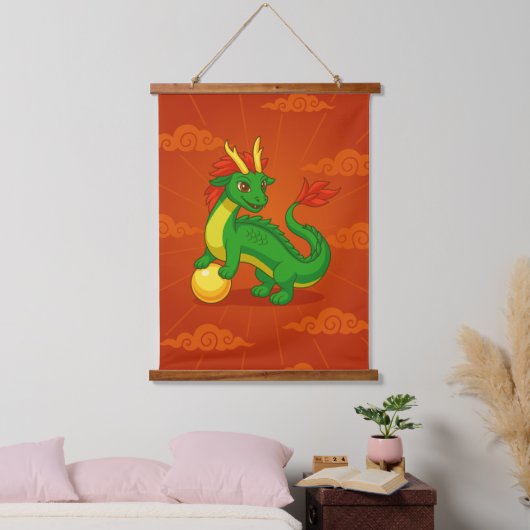 Green Chinese Dragon on Red Hangend Wandkleed (Slaapkamer)