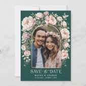 Green Chinoiserie Floral Bird Photo Save the Date Kaart (Voorkant)
