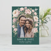 Green Chinoiserie Floral Bird Photo Save the Date Kaart (Staand voorkant)