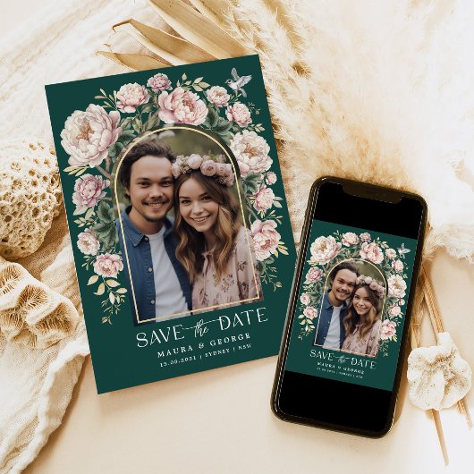 Green Chinoiserie Floral Bird Photo Save the Date Kaart