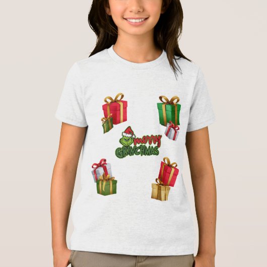 Green Christmas Creature with Gift Boxes Tri-Blend Shirt (Voorkant)