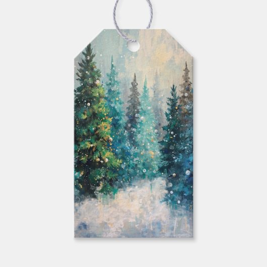 Green Christmas Trees Winter Forest Cadeaulabel (Voorkant)