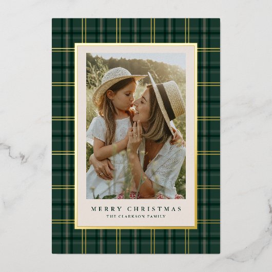 Green Classic Christmas Plaid Photo Folie Feestdagenkaart (Voorkant)