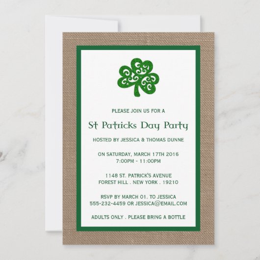 Green Clover & Burlap St. Patrick's Day Invitation (Devant)