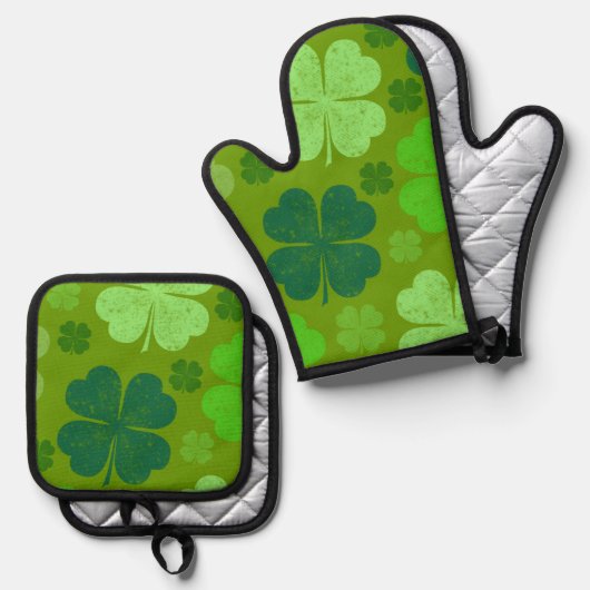 Green Clovers, Lucky Clovers, Saint Patrick's Day Ovenwant & Pannenlap Set (Voorkant / Achterkant)