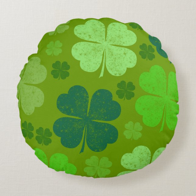 Green Clovers, Lucky Clovers, Saint Patrick's Day Rond Kussen (Voorkant)