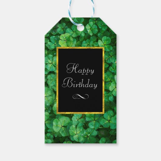 Green Clovers met FAUX Gold Foil Lijst Birthday Cadeaulabel (Voorkant)