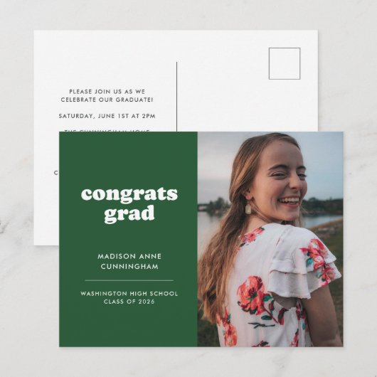 Green Congrats Grad Photo Graduation Invitation (Devant / Derrière)