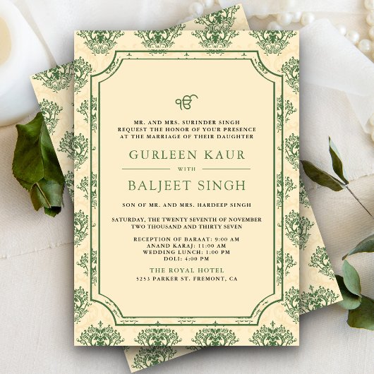 Green Cream Ikat Anand Karaj Sikh Wedding Kaart