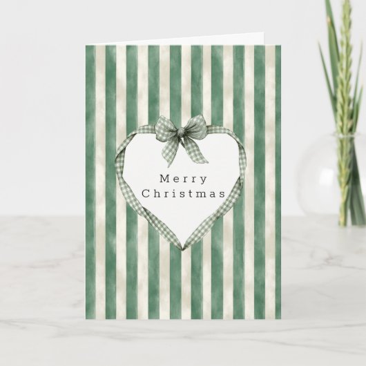 Green Cream Stripes Heart Bow Christmas Kaart (Voorkant)
