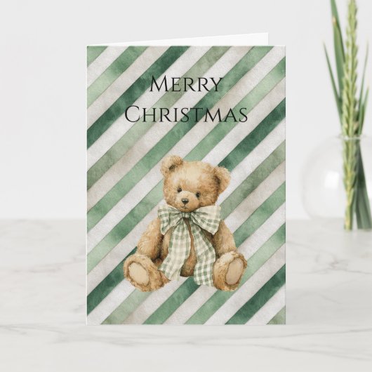 Green Cream Stripes Teddy Bear Christmas Kaart (Voorkant)
