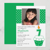 Green Cupcake Foto 7th Birthday Invitation Kaart (Voorkant / Achterkant)