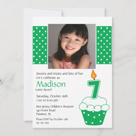 Green Cupcake Photo 7e invitation anniversaire (Devant)