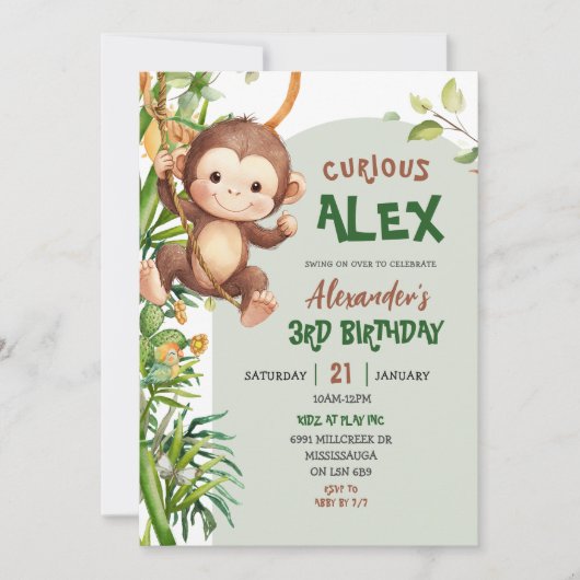 Green Curious Monkey Safari Theme Birthday Kaart (Voorkant)