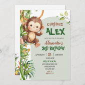 Green Curious Monkey Safari Theme Birthday Kaart (Voorkant / Achterkant)