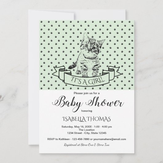 Green Cute Kitten Baby shower Invitation (Devant)