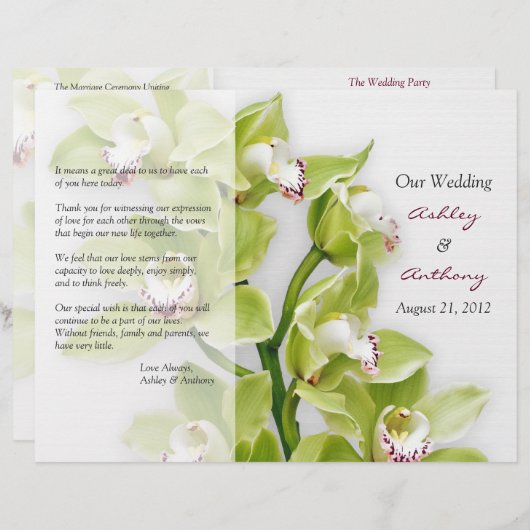 Green Cymbidium Orchid Floral Wedding Programme (Devant / Derrière)