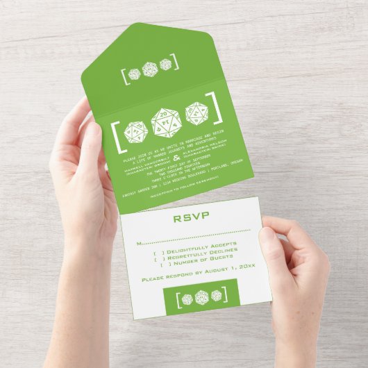Green D20 Dice Gamer All in One Wedding Invitation (Déchirure)