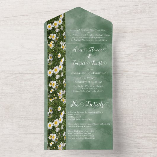Green Daisy Formal All in One Wedding Uitnodiging (Binnen)